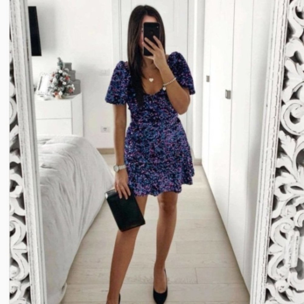 Zara Purple Blue Sequin Puff Sleeve Cocktail Dress - Picture 3 of 8